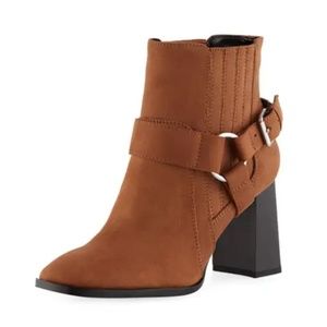 BCBG Faux-Suede Stacked-Heel Brown Buckle Boots